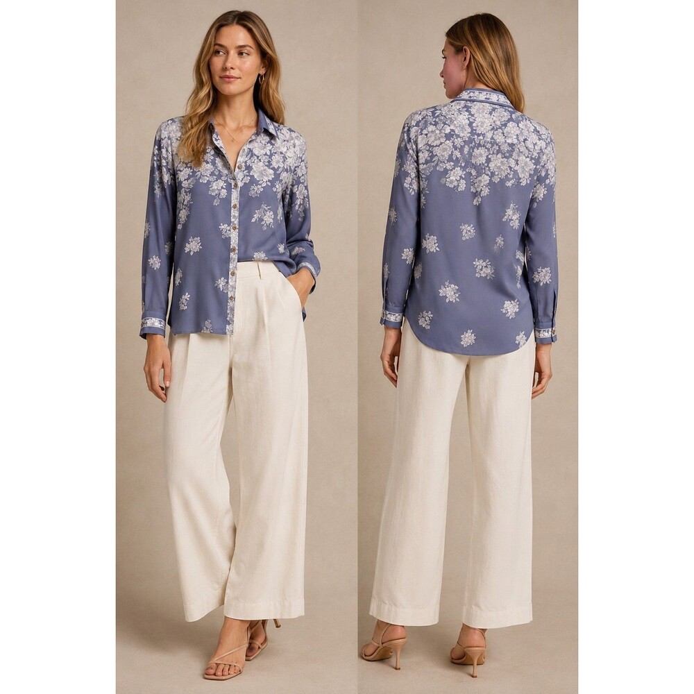 Anthropologie Maeve Rosalee Silk Shirt 6 Blue White Floral Button Down Blouse